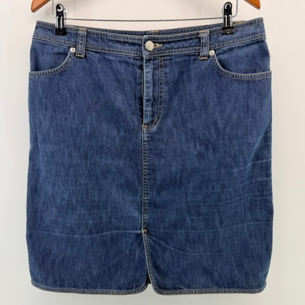 Lands End Womens Denim Mini Skirt Size 12‎ Blue Cotton Casual Medium Wash Slit - Picture 2 of 9